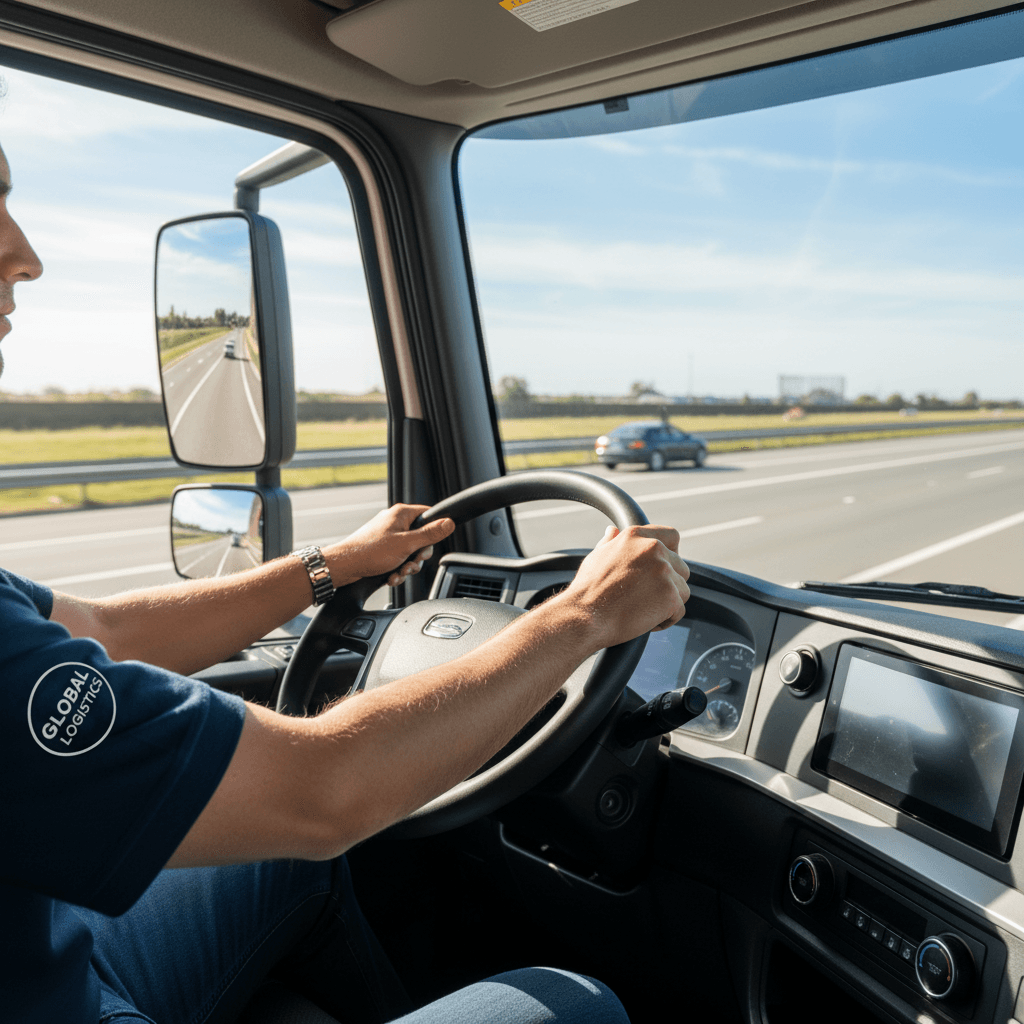 Professional delivery driver operating modern logistics vehicle on highway