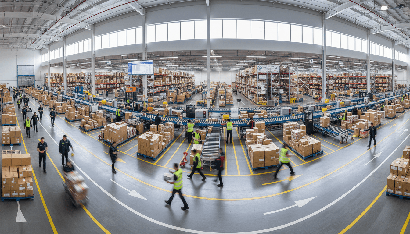 Busy distribution warehouse with multiple courier workers moving packages across organized facility with tall shelving and daylight