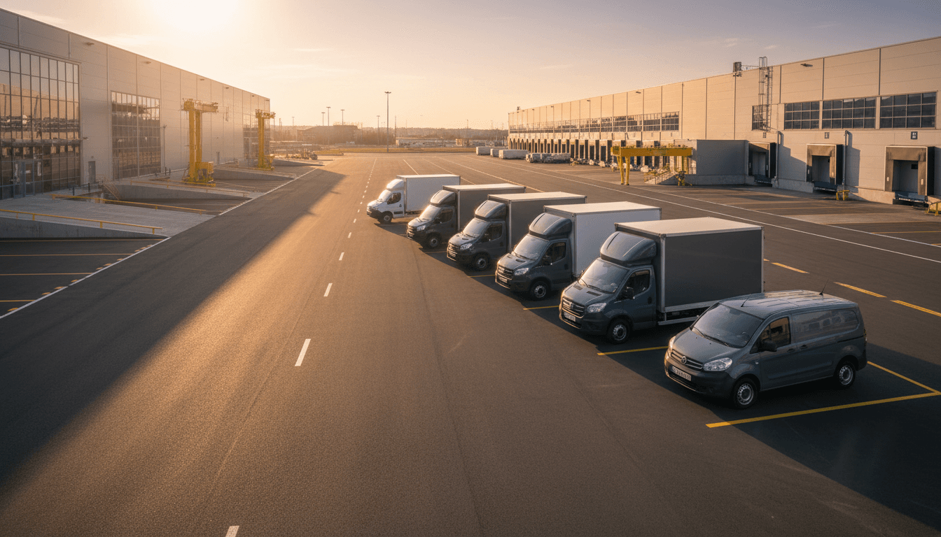 Fleet of well-maintained compact commercial vehicles organized at industrial logistics facility during afternoon light